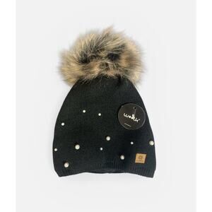 NWT Woolk Black Knit Beanie Pearl Embellishment, Faux Fur Tan Pom Pom